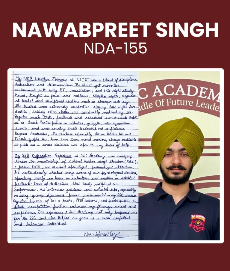 NDA selection testimonial of a student from SLC Academy - top NDA and SSB coaching in Mohali, Punjab.