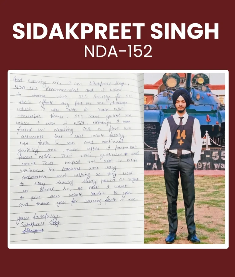 NDA selection testimonial of a student from SLC Academy - top NDA and SSB coaching in Mohali, Punjab.